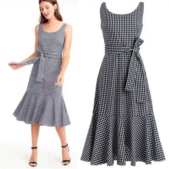 J. Crew Dresses & Skirts - J. Crew Gingham Ruffle Hem Midi Dress Fit & Flare Sleeveless Blue